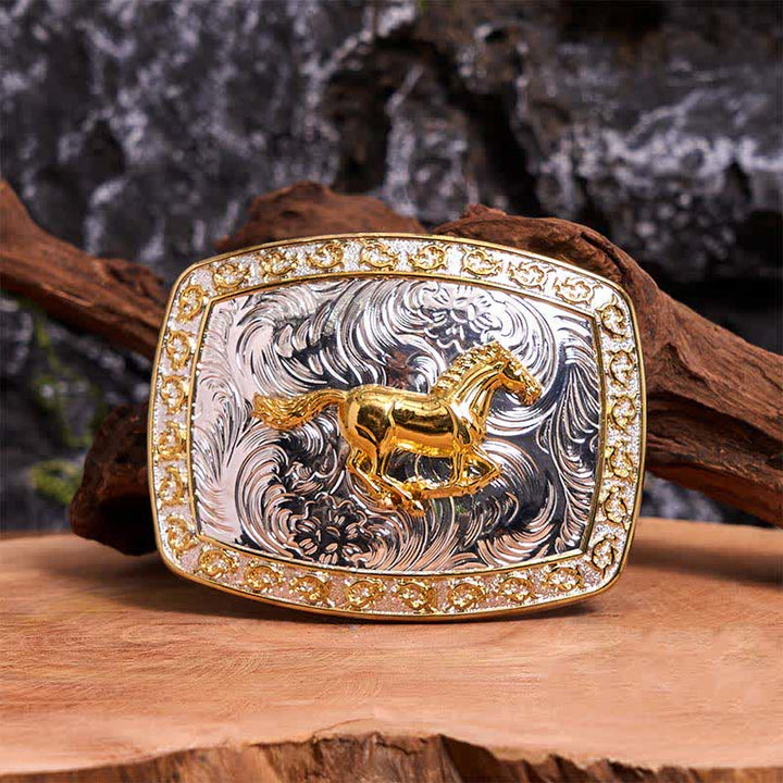 Gold & Silver Running Horse DIY Large Buckle Leather Belt - Running Horse - Without Belt - Not Included Belt - image 0