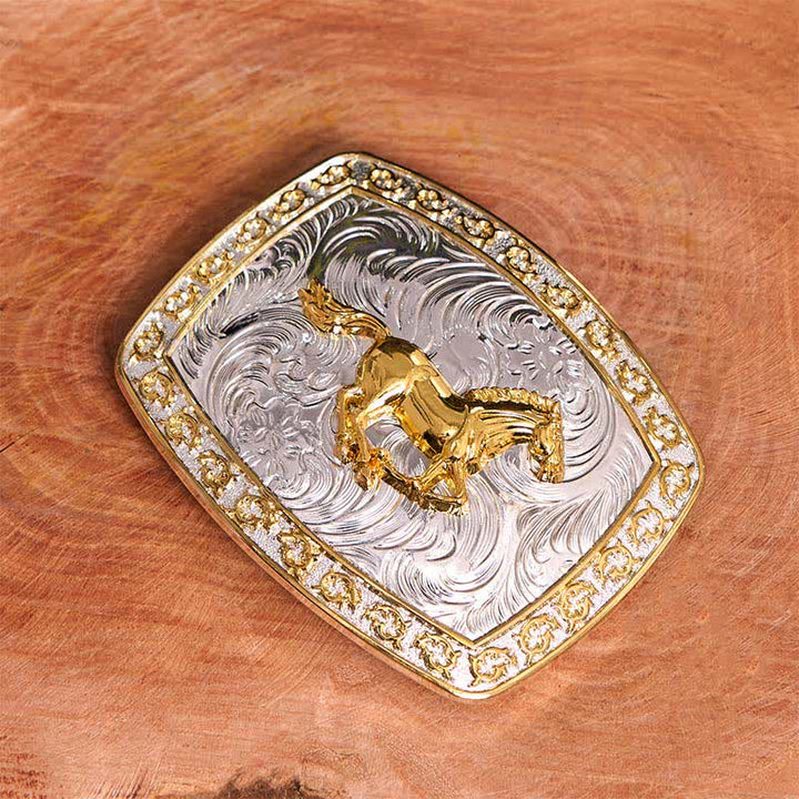 Gold & Silver Running Horse DIY Large Buckle Leather Belt - image 1