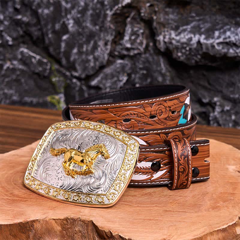 Gold & Silver Running Horse DIY Large Buckle Leather Belt - Running Horse - Brown Feather Belt - 40 - image 10