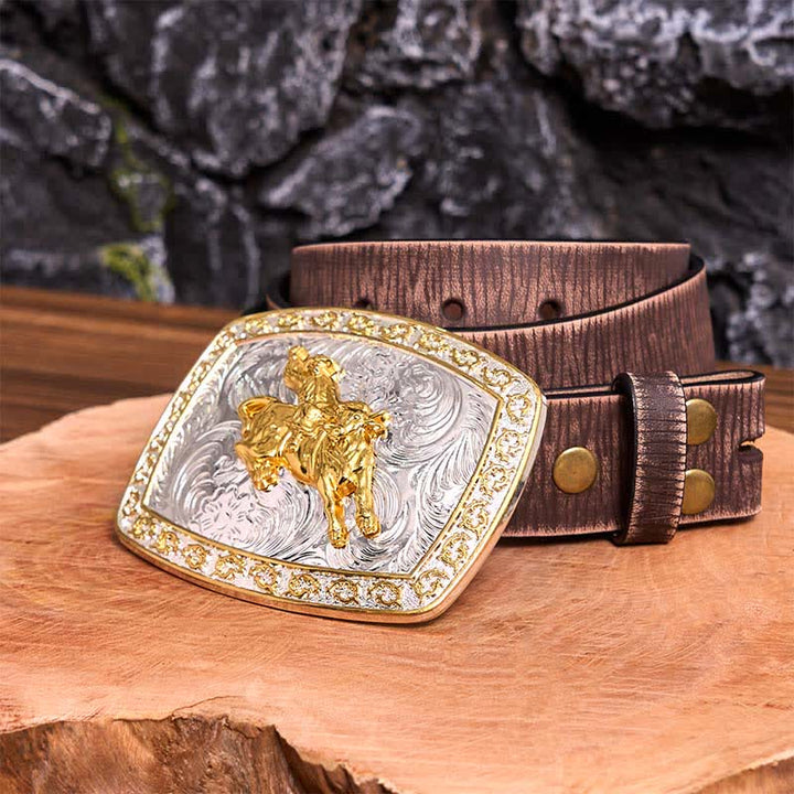 Gold & Silver Horseback Riding DIY Large Buckle Leather Belt - Horseback Riding - Brown Distressed Belt - 42 - image 9