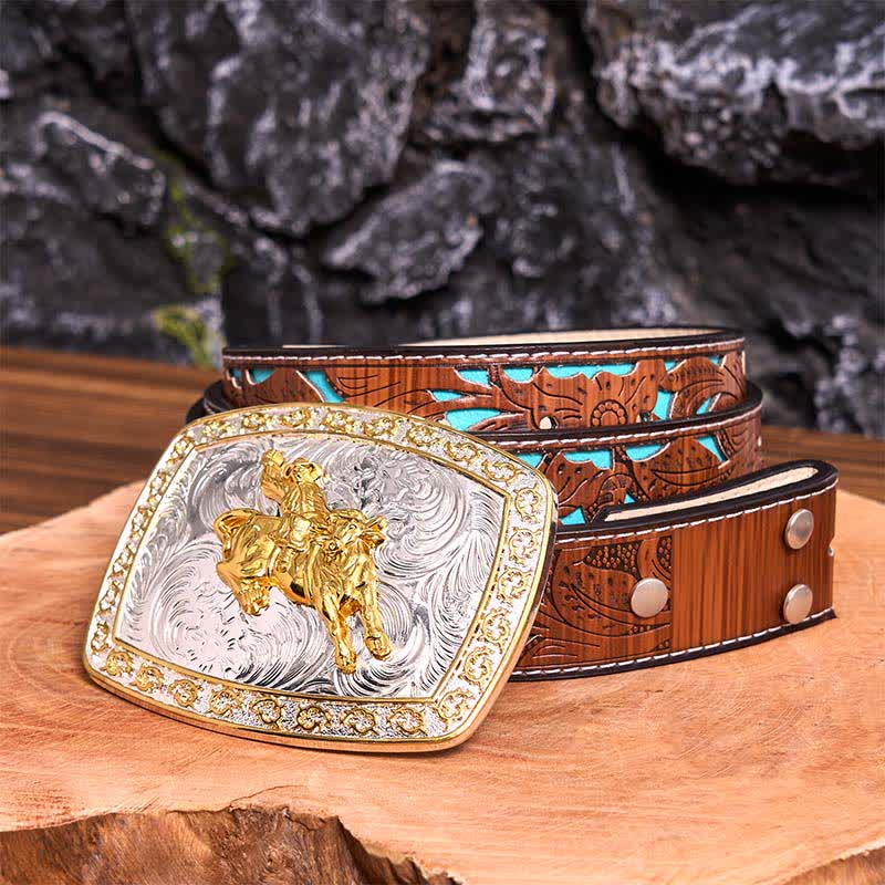 Gold & Silver Horseback Riding DIY Large Buckle Leather Belt - Horseback Riding - Turquoise Carved Belt - 42 - image 6