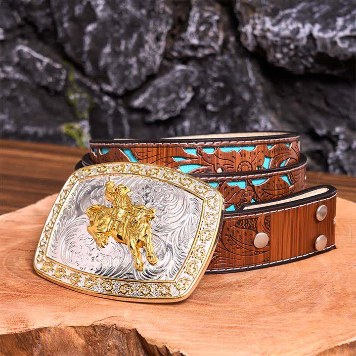 Gold & Silver Horseback Riding DIY Large Buckle Leather Belt - Horseback Riding - Turquoise Carved Belt - 42 - image 6
