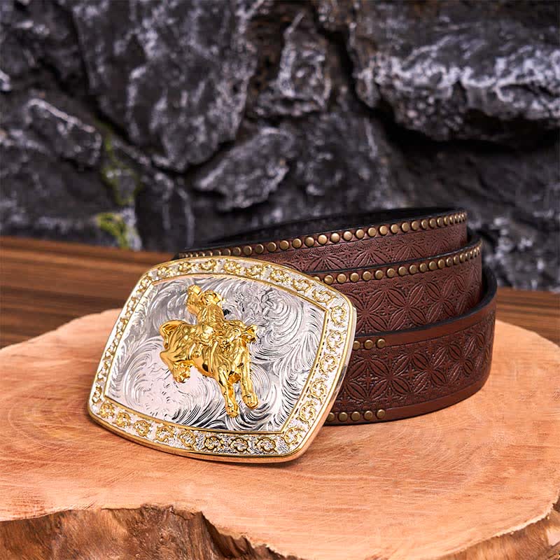 Gold & Silver Horseback Riding DIY Large Buckle Leather Belt - Horseback Riding - Brown Rivet Belt - 42 - image 7