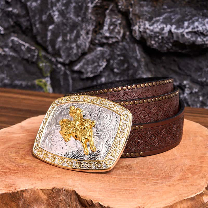 Gold & Silver Horseback Riding DIY Large Buckle Leather Belt - Horseback Riding - Brown Rivet Belt - 42 - image 7