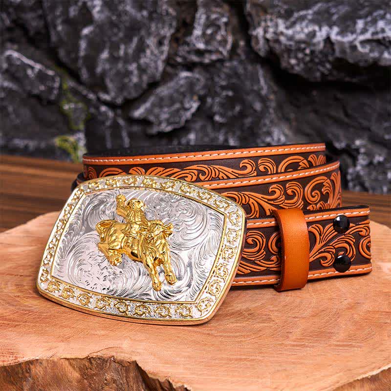 Gold & Silver Horseback Riding DIY Large Buckle Leather Belt - Horseback Riding - Orange Embossed Floral Belt - 42 - image 9