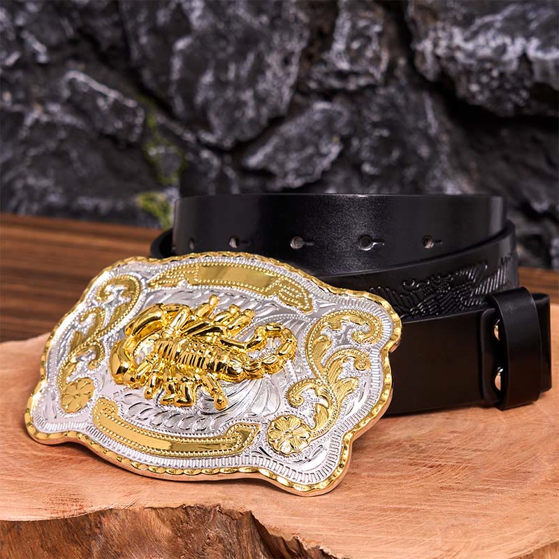 Gold Silver Floral Scorpion DIY Buckle Leather Belt - Scorpion - Black Embossed Eagle Belt - 42 - image 5
