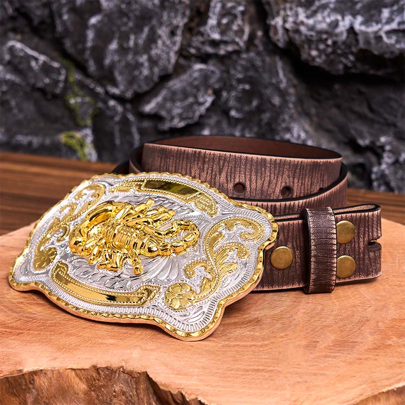 Gold Silver Floral Scorpion DIY Buckle Leather Belt - Scorpion - Brown Distressed Belt - 42 - image 8