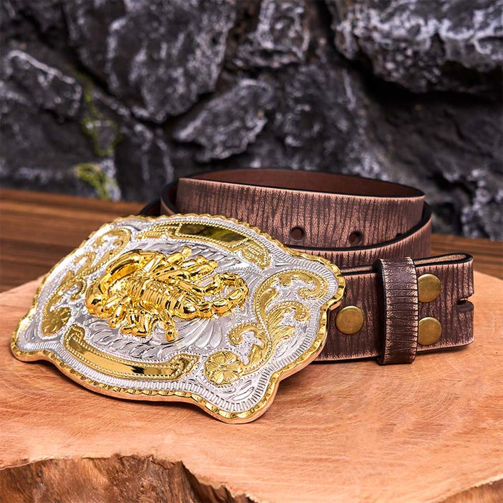 Gold Silver Floral Scorpion DIY Buckle Leather Belt - Scorpion - Brown Distressed Belt - 42 - image 8