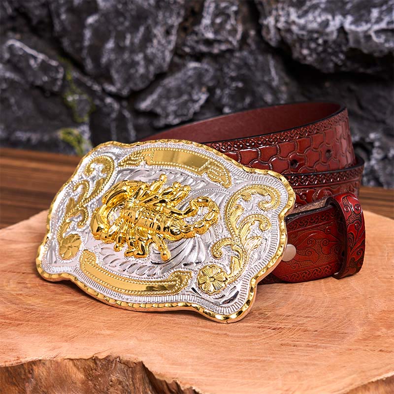 Gold Silver Floral Scorpion DIY Buckle Leather Belt - Scorpion - Brown Carved Belt - 42 - image 10