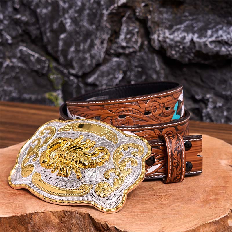 Gold Silver Floral Scorpion DIY Buckle Leather Belt - Scorpion - Brown Feather Belt - 40 - image 10