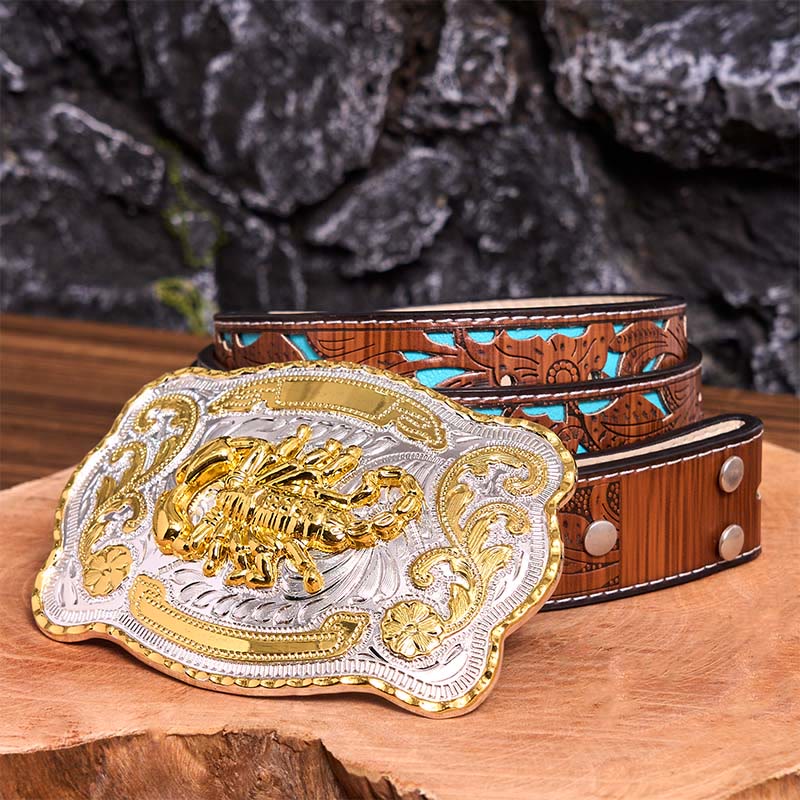Gold Silver Floral Scorpion DIY Buckle Leather Belt - Scorpion - Turquoise Carved Belt - 42 - image 6