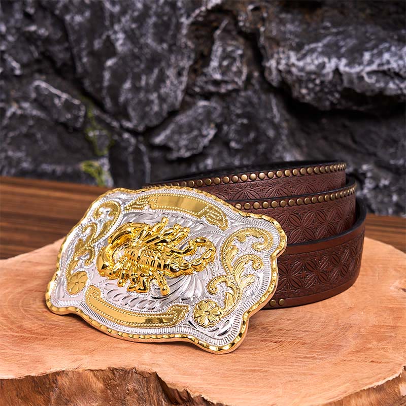 Gold Silver Floral Scorpion DIY Buckle Leather Belt - Scorpion - Brown Rivet Belt - 42 - image 7