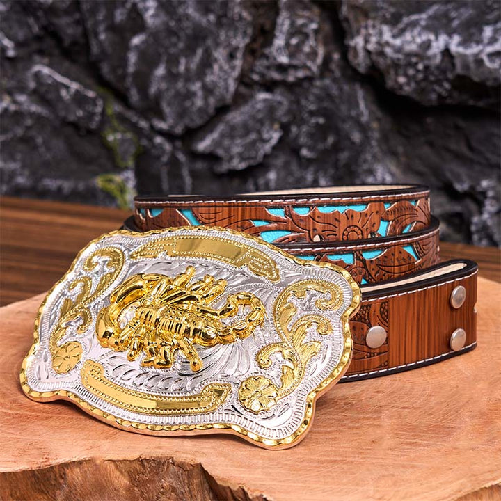 Gold Silver Floral Scorpion DIY Buckle Leather Belt - Scorpion - Turquoise Carved Belt - 42 - image 6