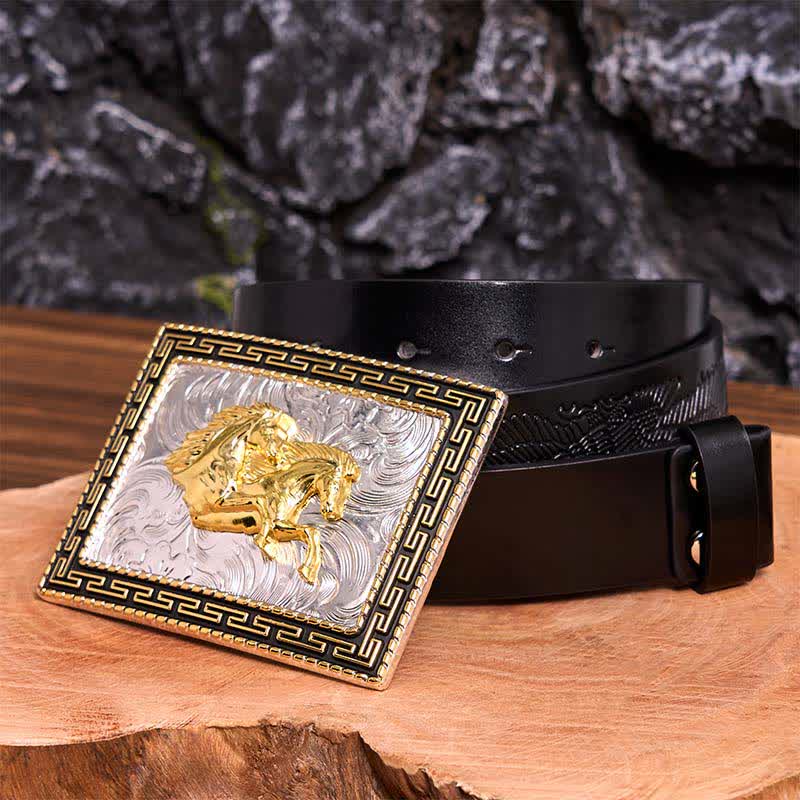 Golden & Black Rectangular Double Horses DIY Large Buckle Leather Belt - Double Horses - Black Embossed Eagle Belt - 42 - image 6