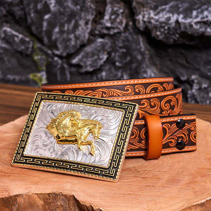 Golden & Black Rectangular Double Horses DIY Large Buckle Leather Belt - Double Horses - Orange Embossed Floral Belt - 42 - image 10
