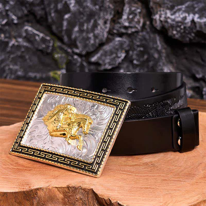Golden & Black Rectangular Double Horses DIY Large Buckle Leather Belt - Double Horses - Black Embossed Eagle Belt - 42 - image 5