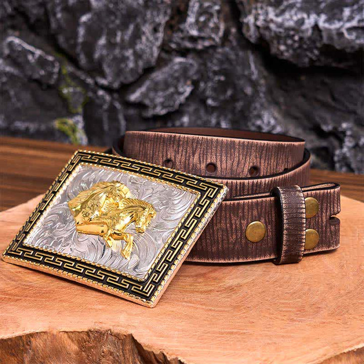 Golden & Black Rectangular Double Horses DIY Large Buckle Leather Belt - Double Horses - Brown Distressed Belt - 42 - image 9
