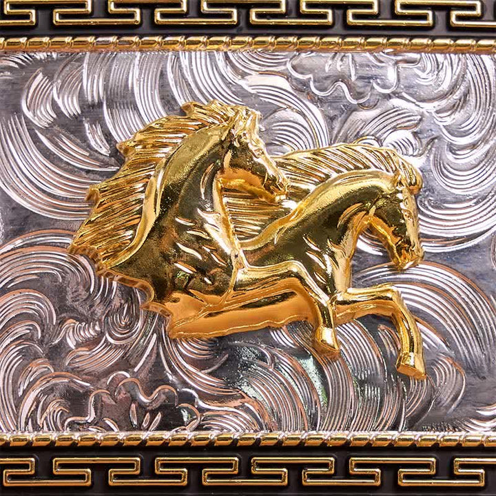 Golden & Black Rectangular Double Horses DIY Large Buckle Leather Belt - image 4