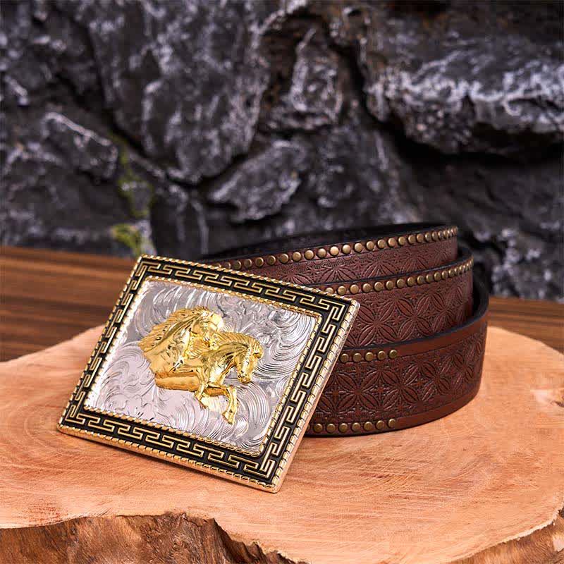 Golden & Black Rectangular Double Horses DIY Large Buckle Leather Belt - Double Horses - Brown Rivet Belt - 42 - image 8