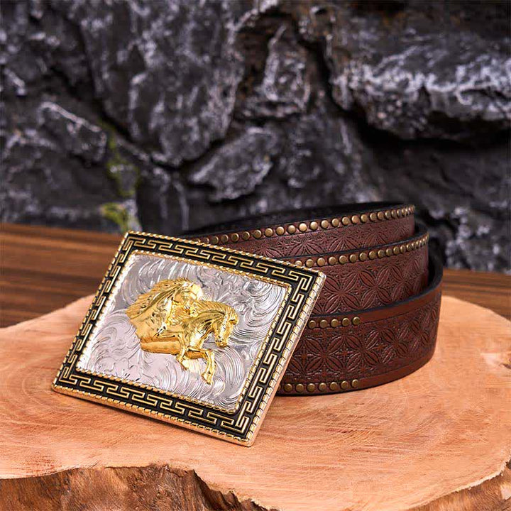 Golden & Black Rectangular Double Horses DIY Large Buckle Leather Belt - Double Horses - Brown Rivet Belt - 42 - image 8