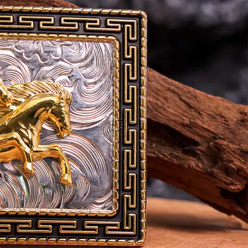 Golden & Black Rectangular Double Horses DIY Large Buckle Leather Belt - image 5