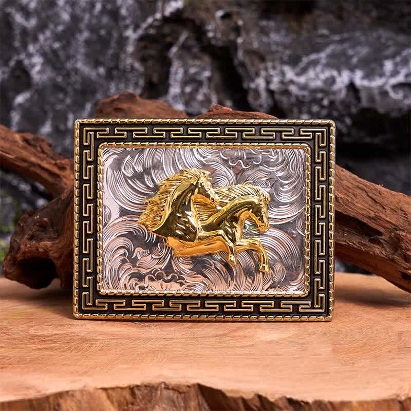 Golden & Black Rectangular Double Horses DIY Large Buckle Leather Belt - Double Horses - Without Belt - Not Included Belt - image 1