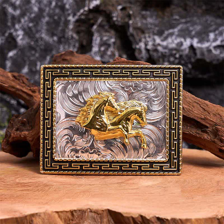 Golden & Black Rectangular Double Horses DIY Large Buckle Leather Belt - Double Horses - Without Belt - Not Included Belt - image 1