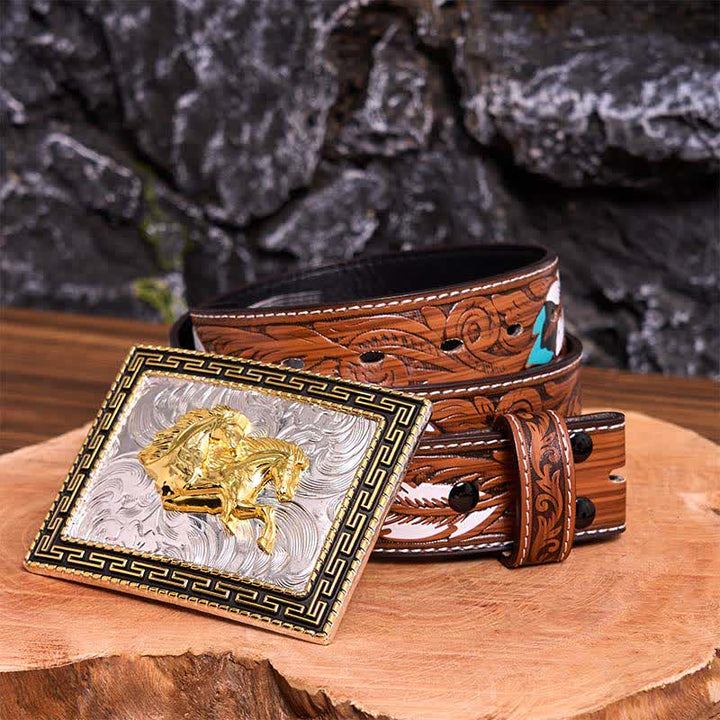Golden & Black Rectangular Double Horses DIY Large Buckle Leather Belt - Double Horses - Brown Feather Belt - 40 - image 11