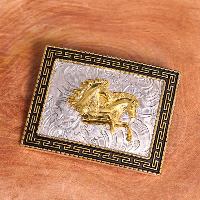 Golden & Black Rectangular Double Horses DIY Large Buckle Leather Belt - image 1