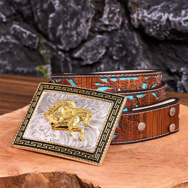 Golden & Black Rectangular Double Horses DIY Large Buckle Leather Belt - Double Horses - Turquoise Carved Belt - 42 - image 6