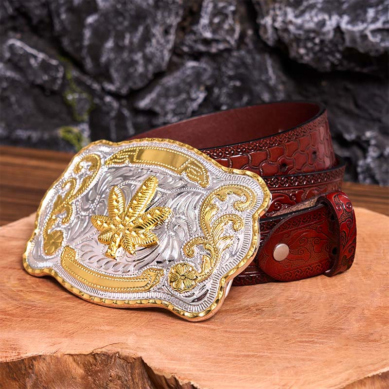 Gold Silver Floral Maple DIY Buckle Leather Belt - Maple - Brown Carved Belt - 42 - image 9