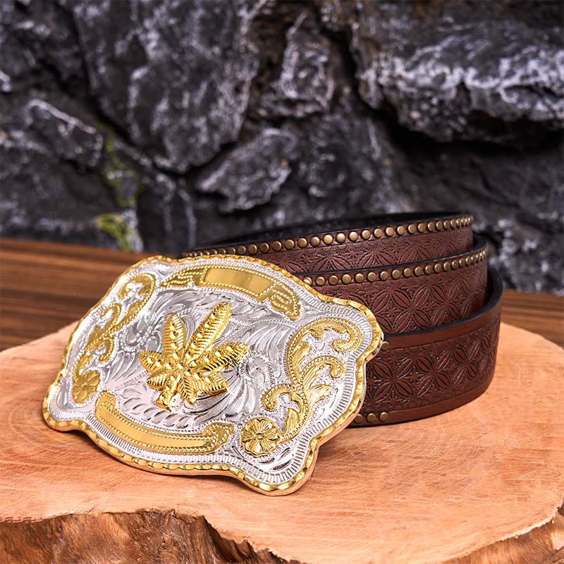 Gold Silver Floral Maple DIY Buckle Leather Belt - Maple - Brown Rivet Belt - 42 - image 7
