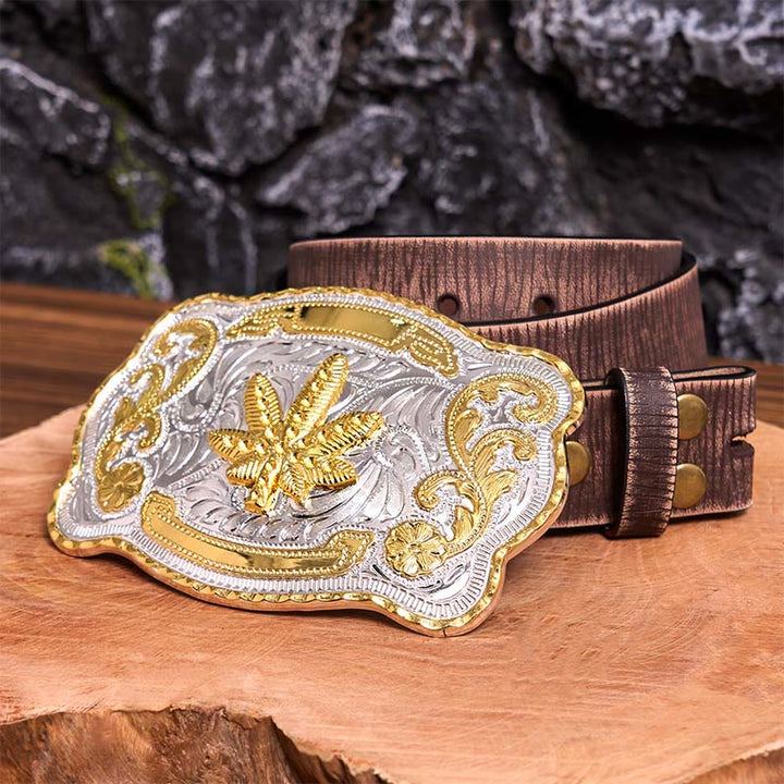 Gold Silver Floral Maple DIY Buckle Leather Belt - Maple - Brown Distressed Belt - 42 - image 8