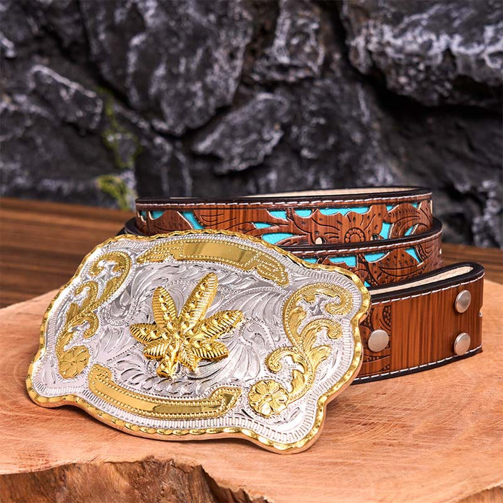 Gold Silver Floral Maple DIY Buckle Leather Belt - Maple - Turquoise Carved Belt - 42 - image 7