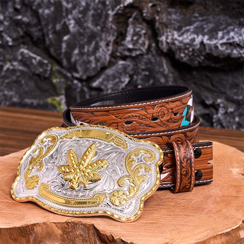 Gold Silver Floral Maple DIY Buckle Leather Belt - Maple - Brown Feather Belt - 40 - image 10
