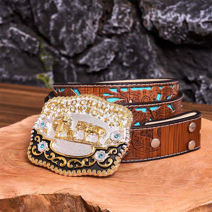 DIY World Champion Cowboy Praying Cross Large Buckle Leather Belt - Prayer - Turquoise Carved Belt - 42 - image 7
