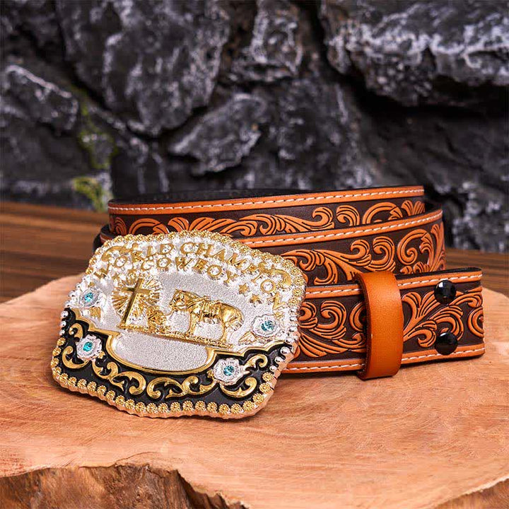 DIY World Champion Cowboy Praying Cross Large Buckle Leather Belt - Prayer - Orange Embossed Floral Belt - 42 - image 10