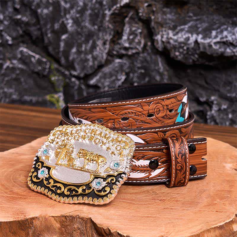 DIY World Champion Cowboy Praying Cross Large Buckle Leather Belt - Prayer - Brown Feather Belt - 40 - image 11