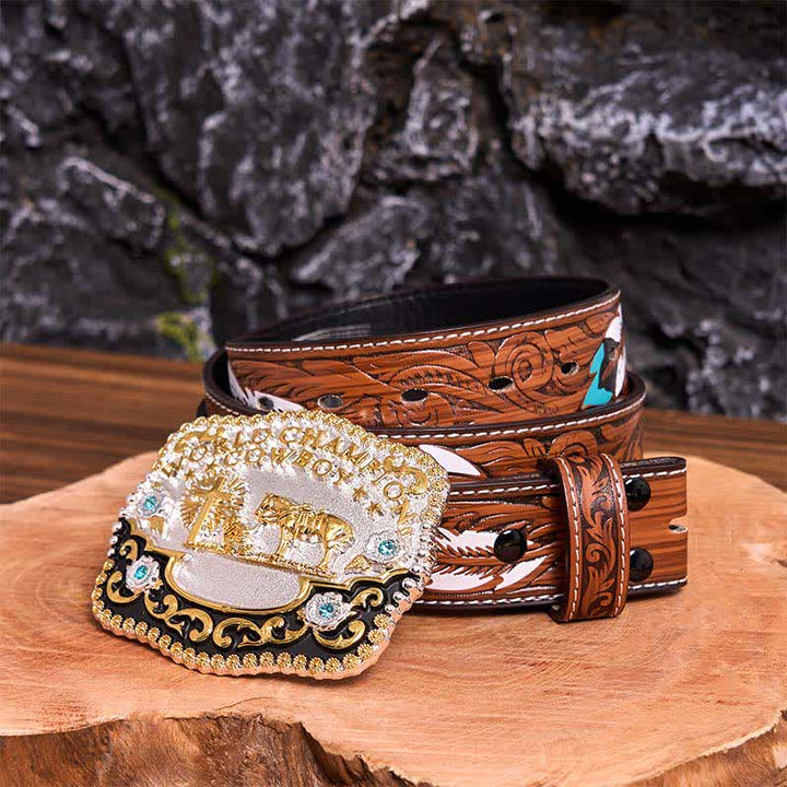 DIY World Champion Cowboy Praying Cross Large Buckle Leather Belt - Prayer - Brown Feather Belt - 40 - image 11