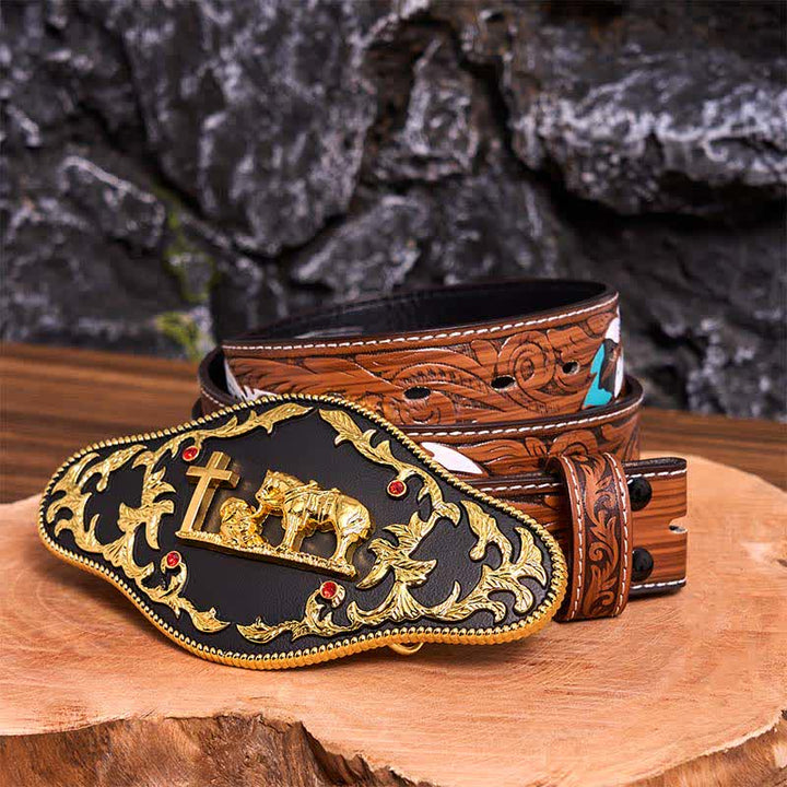 Black & Gold DIY Praying Cross Large Buckle Leather Belt - Prayer - Brown Feather Belt - 40 - image 11