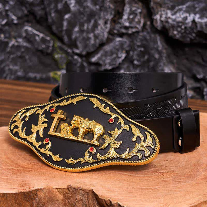 Black & Gold DIY Praying Cross Large Buckle Leather Belt - Prayer - Black Embossed Eagle Belt - 42 - image 6
