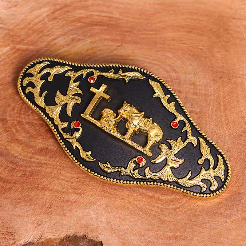 Black & Gold DIY Praying Cross Large Buckle Leather Belt - image 2