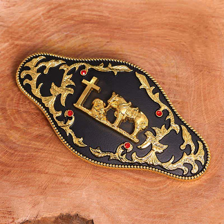 Black & Gold DIY Praying Cross Large Buckle Leather Belt - image 2