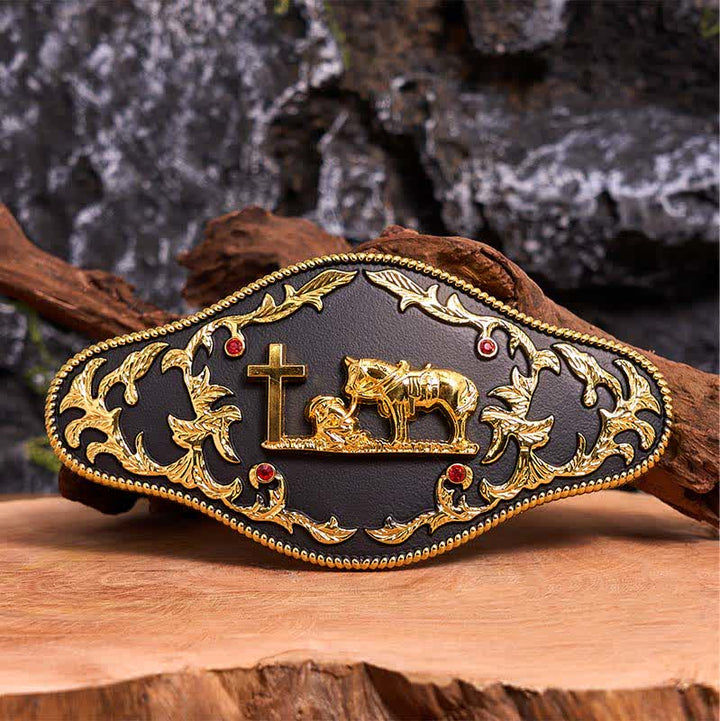 Black & Gold DIY Praying Cross Large Buckle Leather Belt - Prayer - Without Belt - Not Included Belt - image 1