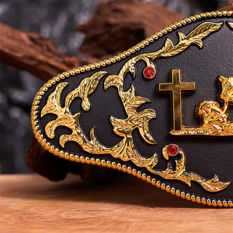 Black & Gold DIY Praying Cross Large Buckle Leather Belt - image 5