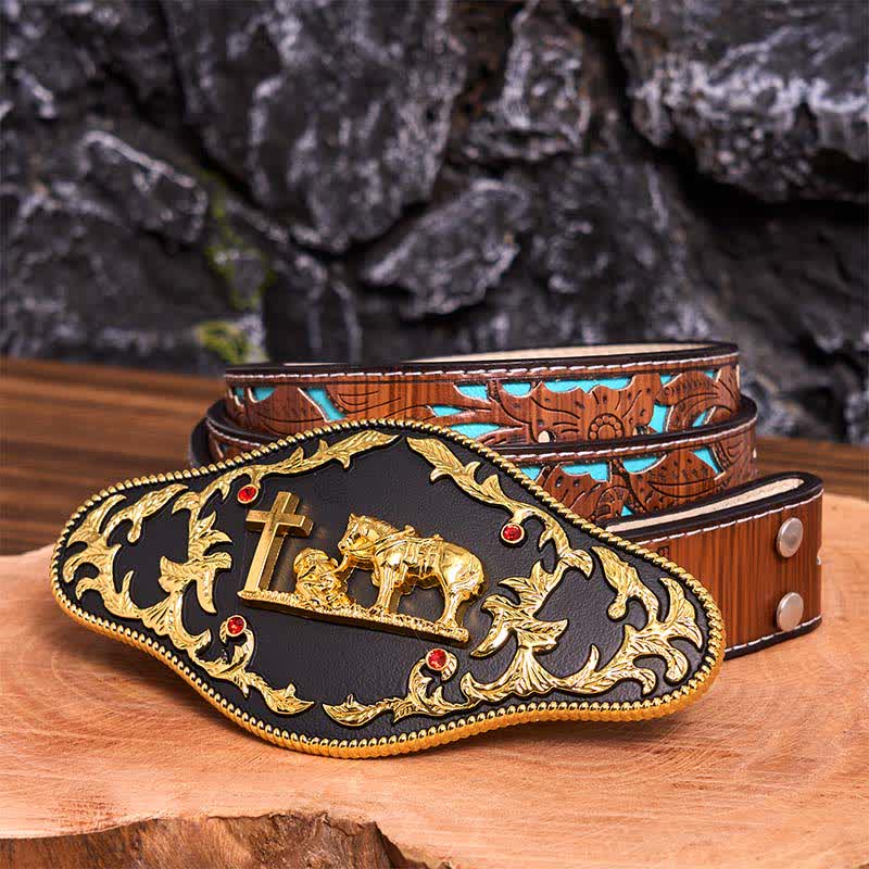 Black & Gold DIY Praying Cross Large Buckle Leather Belt - Prayer - Turquoise Carved Belt - 42 - image 7