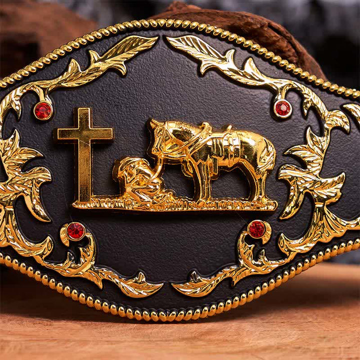 Black & Gold DIY Praying Cross Large Buckle Leather Belt - image 4