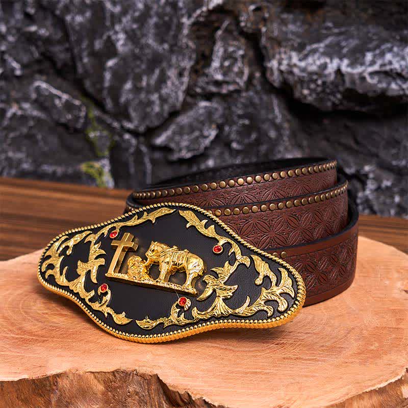 Black & Gold DIY Praying Cross Large Buckle Leather Belt - Prayer - Brown Rivet Belt - 42 - image 8