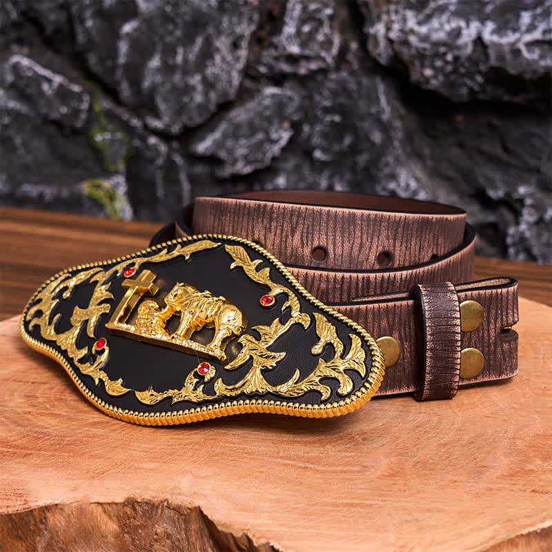 Black & Gold DIY Praying Cross Large Buckle Leather Belt - Prayer - Brown Distressed Belt - 42 - image 9