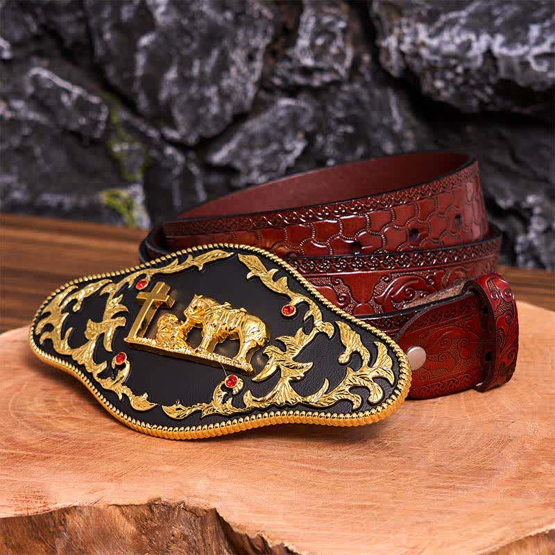 Black & Gold DIY Praying Cross Large Buckle Leather Belt - Prayer - Brown Carved Belt - 42 - image 10
